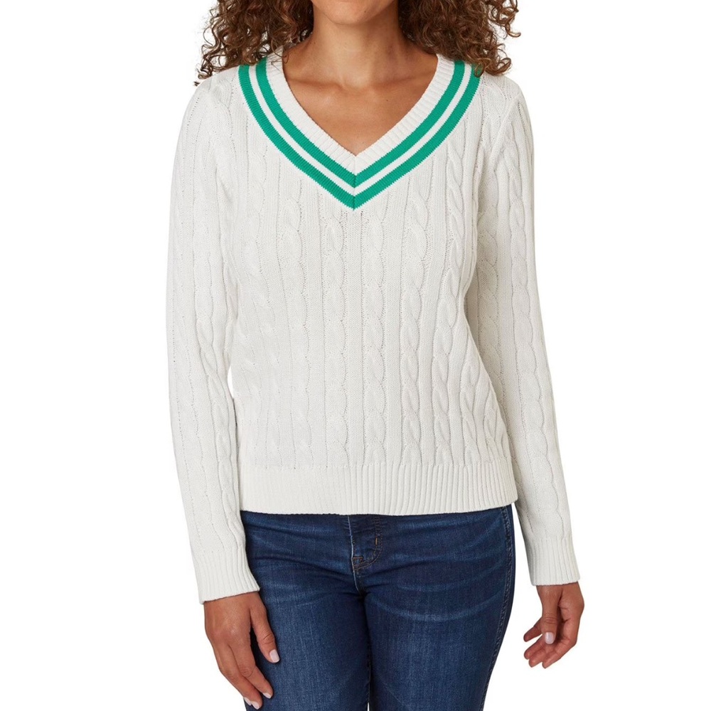 New Lands' End Women's Preppy White and Green V-Neck Cable Sweater